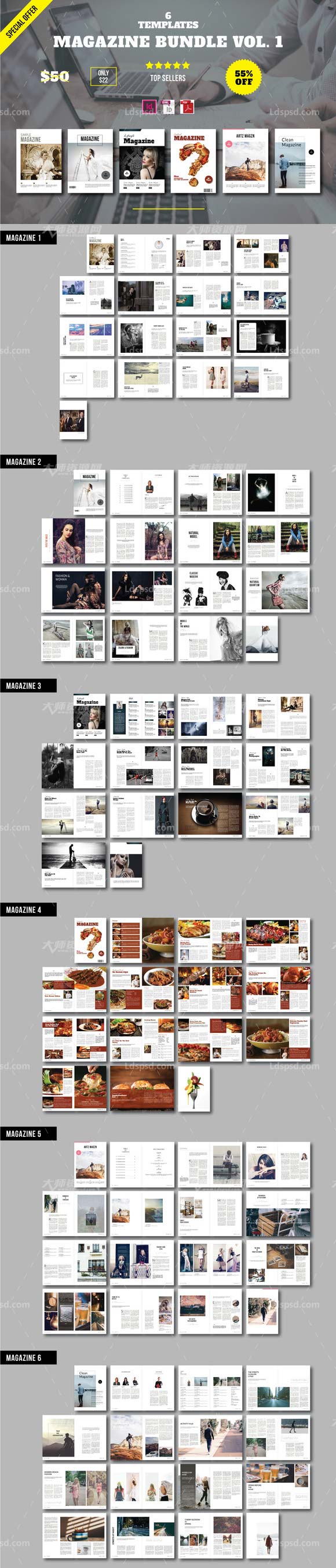 Magazine Bundle Vol. 1,indesign模板－商业杂志(通用型/6套)